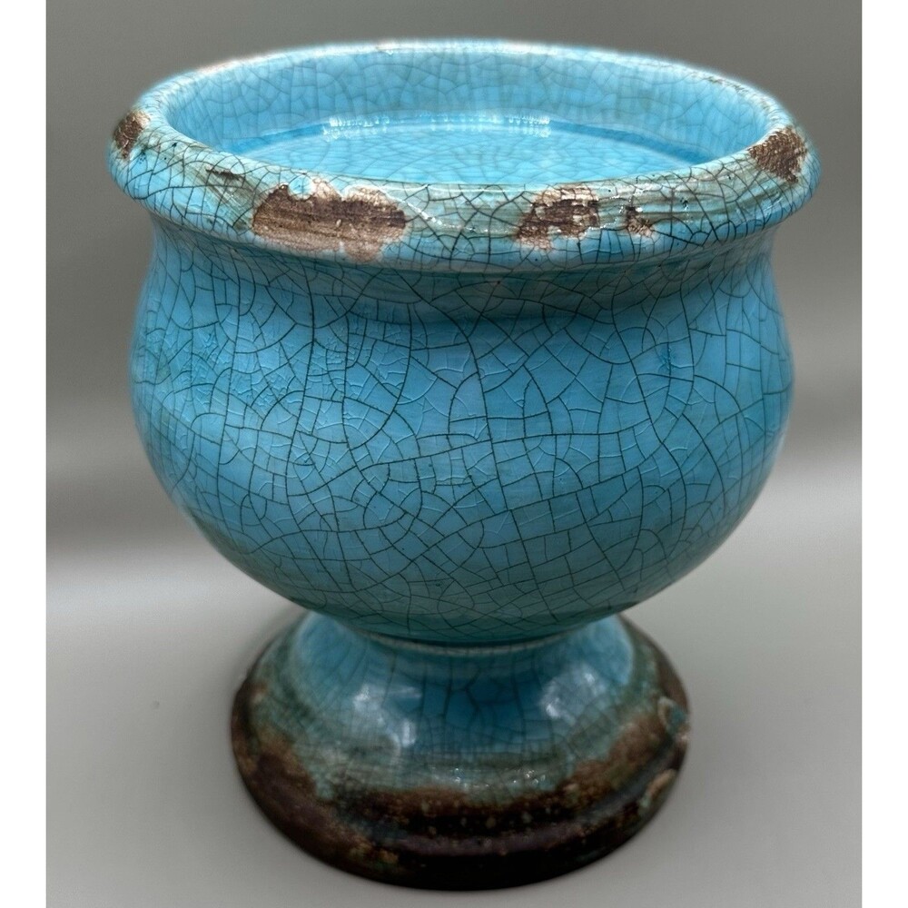 Vintage Turquoise Crackle Glaze Footed Pedestal Studio Pottery Wabi Sabi Style